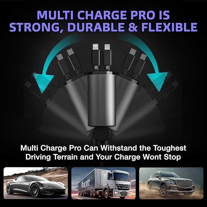 Ulti Charge iPhone Car Charger USB C Fast Charge Charging Retractable Car Charger Auto Adapter, Powerful 120W 4-Port USB-C & USB-A and Lightning iPhone, Samsung, Tablets USBC Charger Block