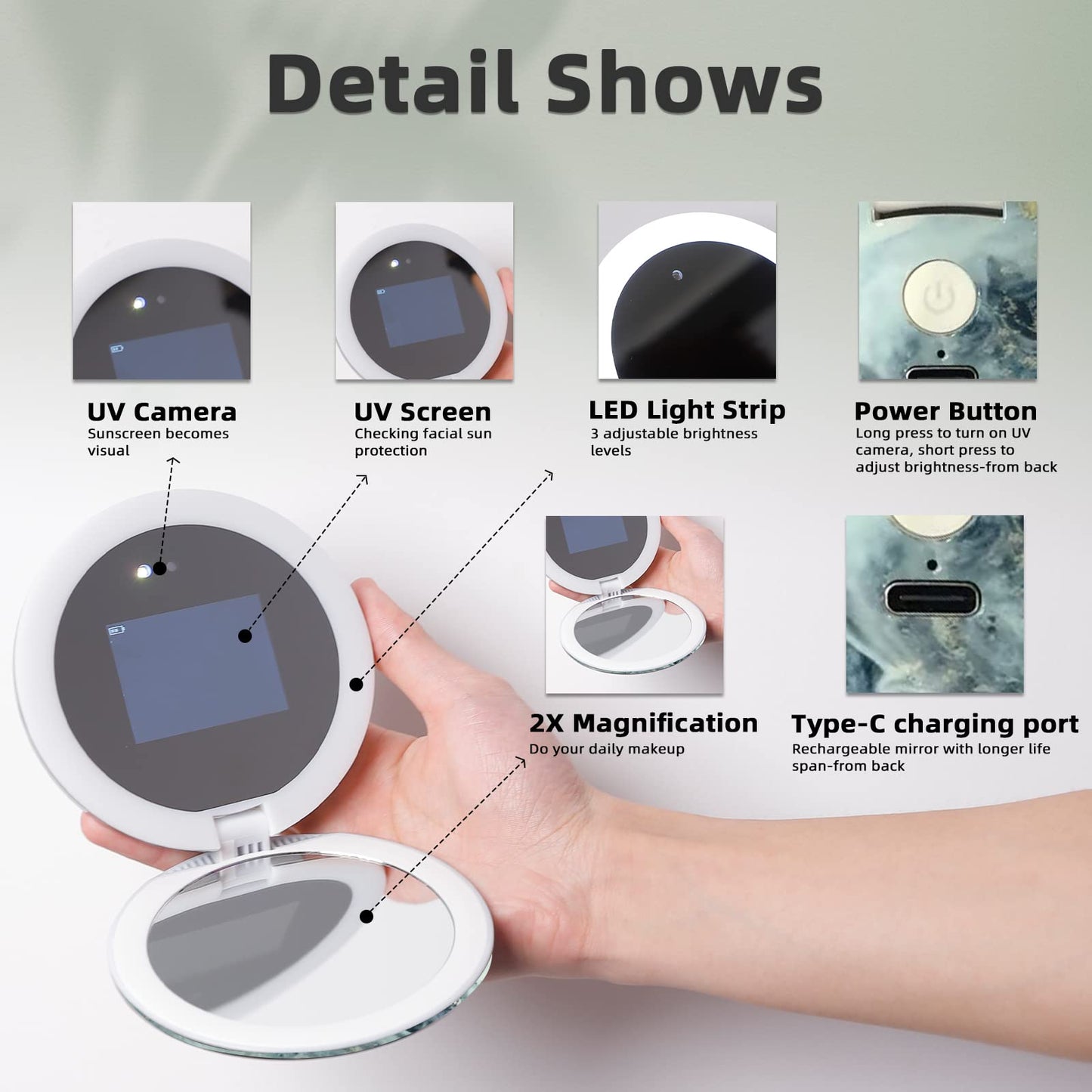 FENCHILIN Compact UV Mirror for Sunscreen Skin Care, 2X Magnification Handheld Double-Sided Illuminated Mirror with Built-in UV Camera, 4.3 Inch Foldable Travel Mirror