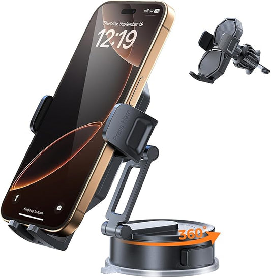 SUPERONE 3-in-1 Car Phone Holder [Strongest Suction Cup & Clip] 360° Adjustable Car Phone Mount for Dash/Vent/Windshield, Phone Holders for Your Car Accessories for iPhone 17/16/15/14 Samsung Android