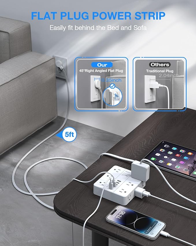 Extension Cord Power Strip 15 Ft Cord, HUNIAN Flat Plug Extension Cord with 12 Widely Spaced Outlets 6 USB Charger (2 USB C Ports), Desk Charging Station for Home Office Supplies, Dorm Room, White