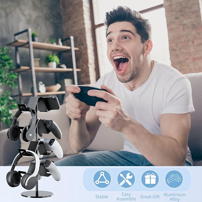Karanava Controller Holder 4 Tier,Headphone Stand - Adjustable Headset Holder for Xbox PS5 PS4 Switch Pro - Gaming Accessories Storage for Gamer,Desk/Floor(Black)