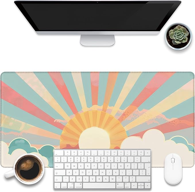 KOAIWPAE Large Gaming Mouse Pad for Desk, Boho Pastel Sun Desk Mat, Colorful Sunshine Desk Pad, 31.5"x15.7" Extended Big Computer Keyboard Mouse Pad with Non-Slip Base and Stitched Edge