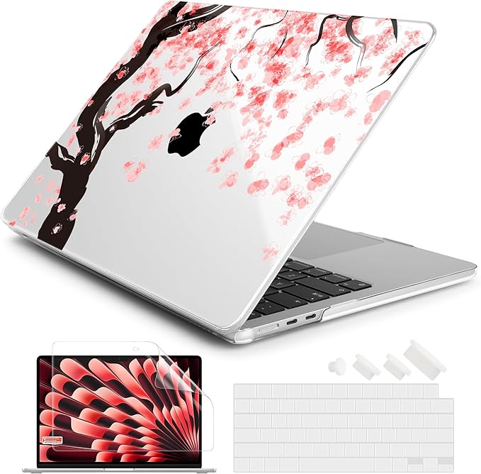 Batianda Premium Case for New MacBook Air 15 inch with M5 M4 M3 M2 Chip 2026 2025 2024 2023 Release, Designed Ultra-Slim Hardshell & Keyboard Cover & Screen Protector 4-in-1 Bundle, Cherry Blossoms