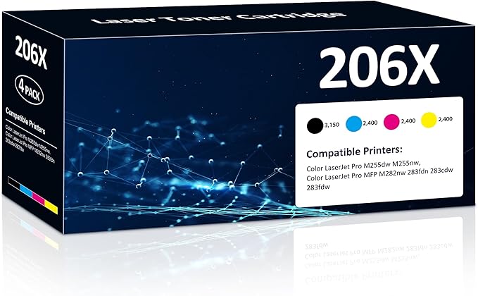 Aililiya 206X Toner Cartridges High Yield 4 Pack Compatible for HP 206X 206A Set for HP Color LaserJet Pro M255dw M255nw MFP M283fdw M283cdw M282nw M283fdn Printer(Black/Cyan/Yellow/Magenta)