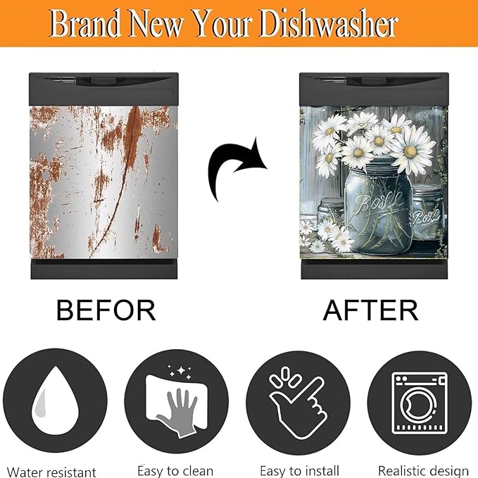 Country Daisies Dishwasher Magnet Cover for The Front, Still Life White Flowers Reusable Magnetic Dishwasher Sticker, Vintage Vase Floral Kitchen Appliances Panel Decal (23" x 26" Magnetic)
