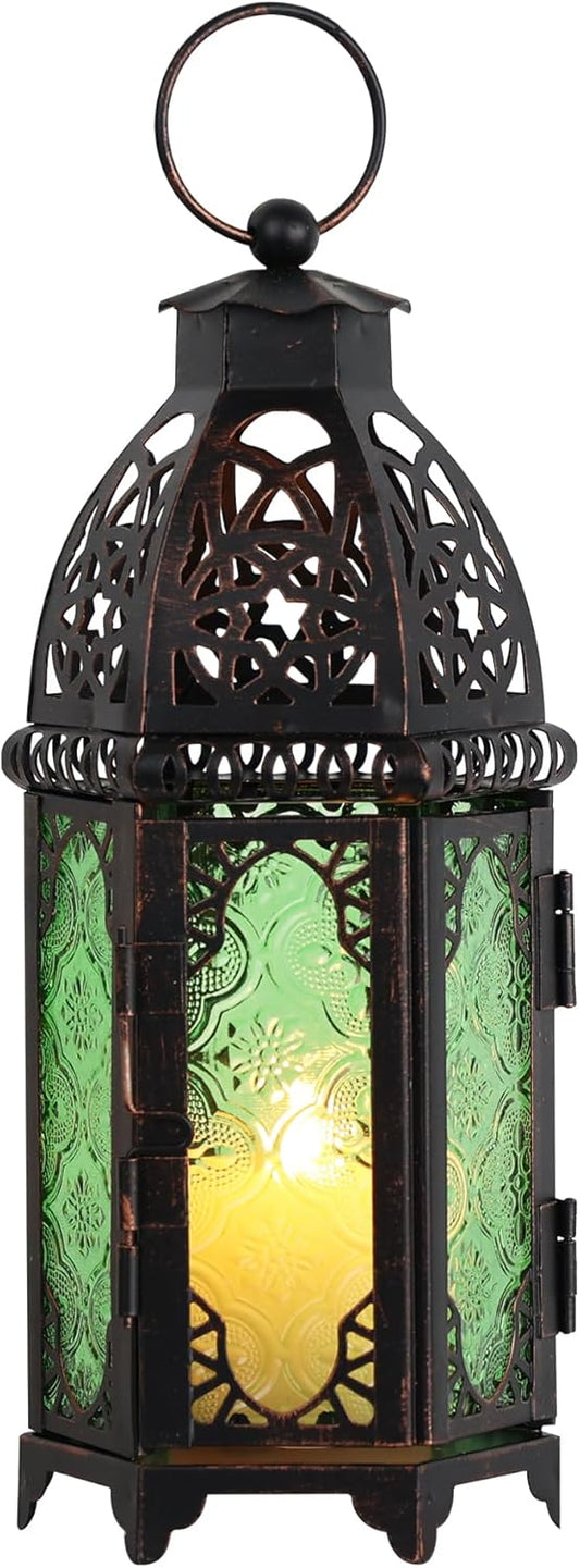 Needomo Hanging Moroccan Lantern - Vintage 11'' Metal Candle Holder for Indoor & Outdoor Decor | Green Medium Size