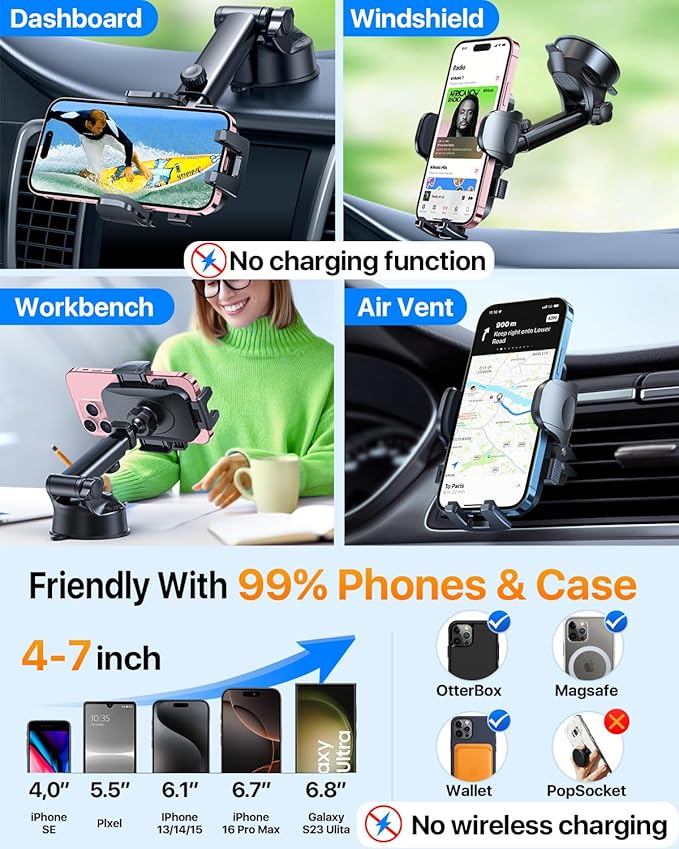 HTU Car Phone Holder【2026 Upgraded 100+LBS Suction & Safety Cert】 Cell Phone Car Mount for Truck Heavy Duty Phone Holder for Dashboard/Windshield/Vent for iPhone 17 16 Pro Max, Sapphire Blue
