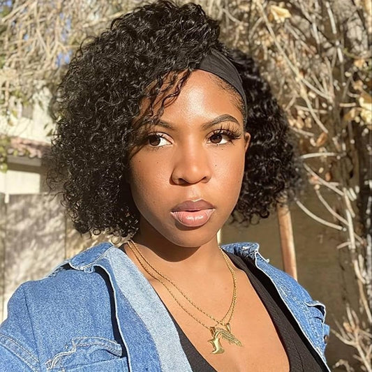 Pinketer Kinky Curly Headband Wig Human Hair 150% Density None Lace Front Glueless Wigs for Black Women 12 Inch Machine Made Half Wig Natural Black Color