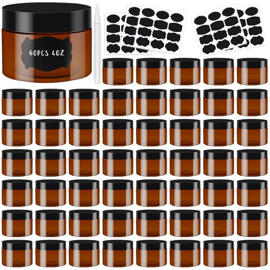 Dandat Amber Plastic Jars with Lids Refillable Round Storage Container with Labels and Pen Christmas Small Empty Travel Jar for Lotion Gel Essential Oil Body Powders Ointments(4 oz, 121 Pcs)