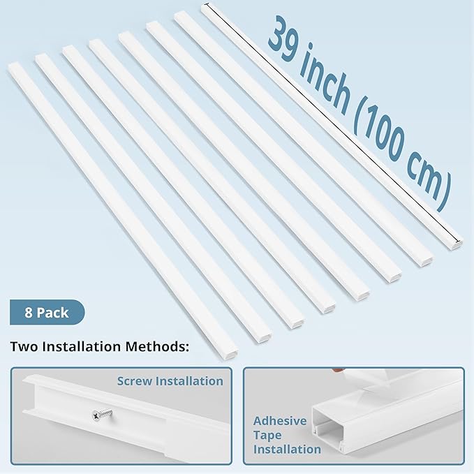 Cord Covers for Wires on Wall Extra-Long, 24ft TV Cord Hider Kit, Paintable Cable Management Concealer, TV Wire Hider for Wall, White Cable Raceway Channel, 8 x L36in x W0.95in x H0.55in