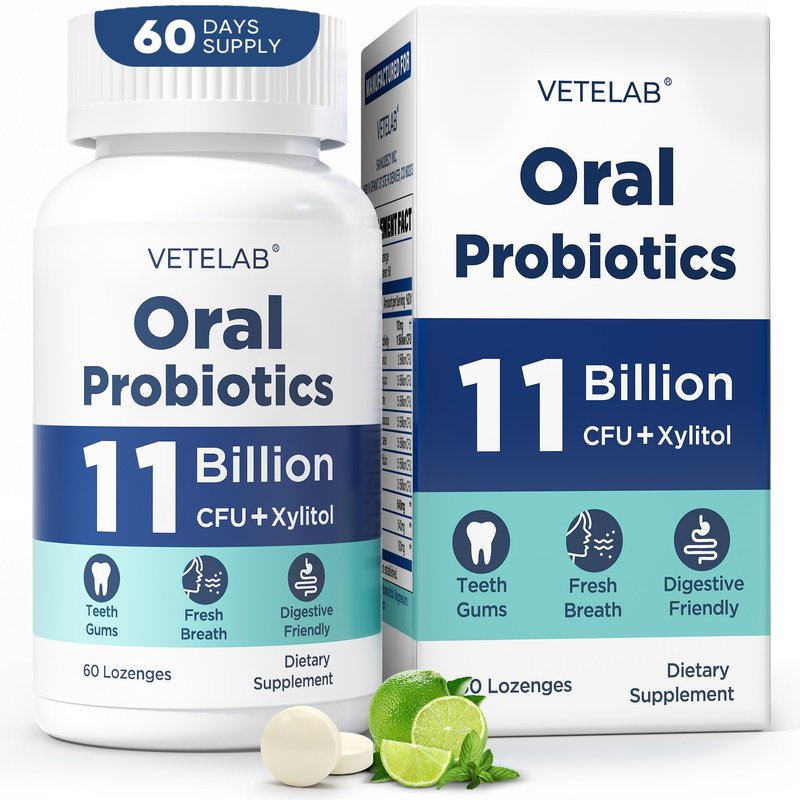 VeteLab Oral Probiotics for Mouth Bad Breath - 11 Billion CFU Chewable Probiotics for Teeth & Gums, Dry Mouth, Gum Restore, Fresh Breath, Chronic Halitosis & Gut Health, 60 Lozenges