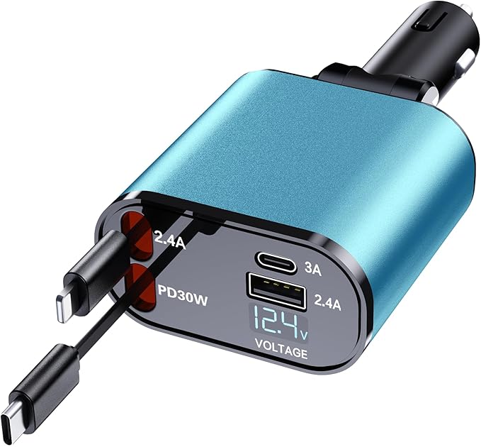 Mifanstech Retractable Car Phone Charger, 4 in 1 Fast Charge Car Phone Charger with 2 Retractable Cables(2.6ft) and 2 USB Ports, Compatible with iPhone15/14/15 Pro Max,Samsung (Light Blue)