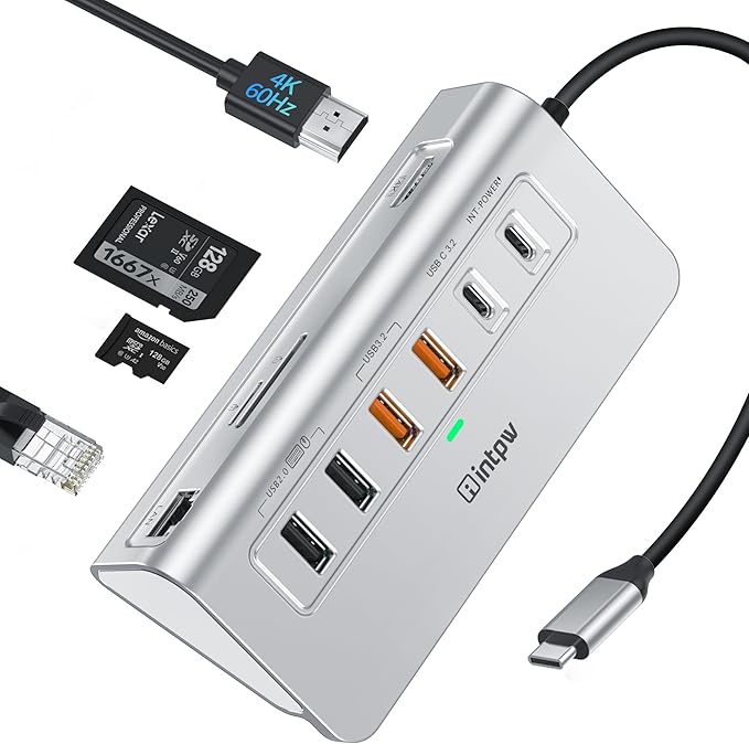 intpw 10-in-1 USB C Hub with Ethernet, 4K@60Hz HDMI, 10Gbps USB-C/USB-A, PD 100W, SD/TF, P9R PRO Docking Station for MacBook Pro/Air M1-M5, iPhone 17/16/15, iPad Pro, Windows