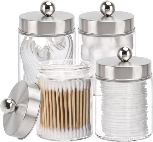 Tbestmax Glass Qtip Holder Dispenser - 10-Ounce Bathroom Containers with Metal Lids | 4-Pack Apothecary Jars