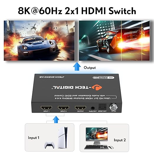 J-Tech Digital 8K HDMI Switch 2 in 1 Out 8K@60Hz 4K@120Hz 1080P@240Hz, HDMI Audio Extraction to Optical & 3.5mm, HDR HDCP 2.3 EDID Control, Compatible with PS5 PS4 Xbox Switch Apple TV Roku Fire TV