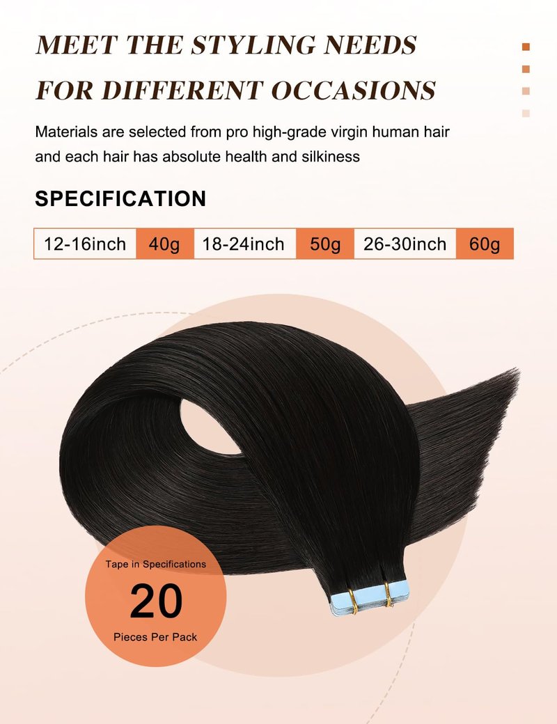Sunya Tape in Hair Extensions Human Hair 18 Inch Straight Remy Human Hair Tape in Extensions Seamless Skin Weft Natural Black Tape in Hair Extensions #1B 50g 20Pcs/Pack