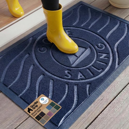 GORILLA GRIP 100% Waterproof All-Season WeatherMAX Doormat US Designed Natural Rubber, Stain and Fade Resistant, Low Profile Indoor Outdoor Door Mats, Easy Clean Patio Mat, 29x17, Blue Sailing