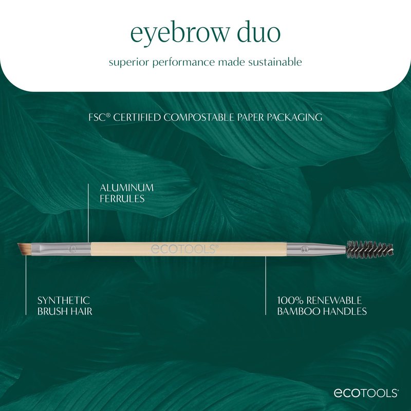 EcoTools Eyebrow Brush Duo, Tame, Sculpt & Fill in Brows, Multipurpose For Eyebrow Gel, Powder, & Cream, Dual-Ended Spoolie & Angled Brow Brush, Eco Friendly, Cruelty-Free, & Vegan, 1 Count