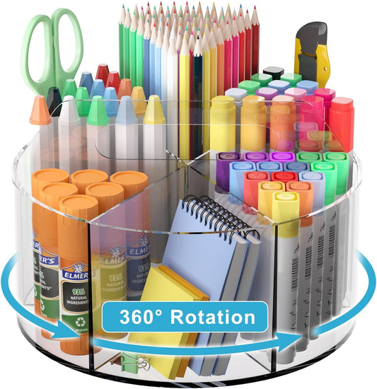Rotating Markers Organizer - Acrylic Lazy Susan for Kids | 360° Spinning Pencil Holder with 6 Compartments