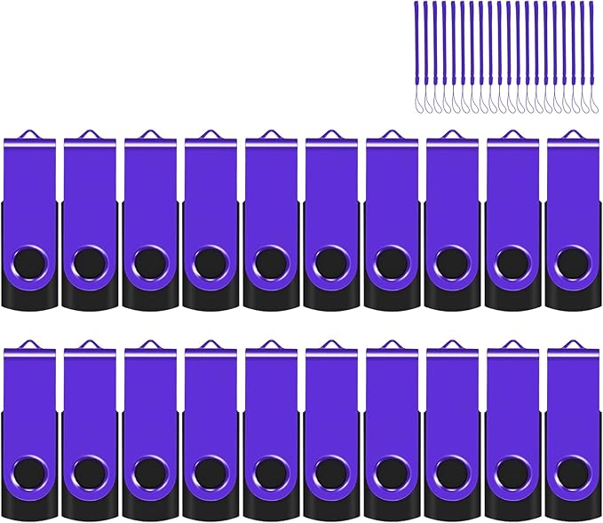 EASTBULL USB Flash Drive Bulk 1GB 20 Pack with Lanyards USB 2.0 Thumb Drive Bulk Memory Stick Swivel Pen Drive for Storage and Backup 1GB 20 Pack, Purple