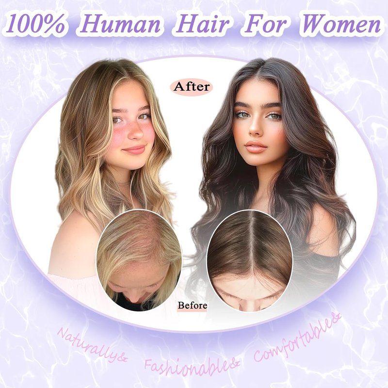 LEDIZE Hair Toppers for Women Real Human Hair, 360° Cover Middle Part Human Hair Toppers for Women with Thinning Realistic Scalp Line Upgrade Basement Toppers Hair Pieces Medium Brown, Side Bangs