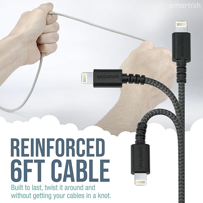 Smartish USB-C/Lightning Cable 17/16/16e/15/14 - Crown Joule - 6Foot Universal Fast Fabric Wrapped Charging Cable w/Micro-USB - MFi Certified 13/12/SE/iPad/AirPods/Android - Green