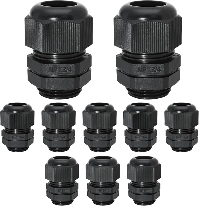 Bonsicoky 10 Pcs 3/4" NPT Nylon Cable Glands, IP68 Waterproof Adjustable Cord Grip Cable Connector Strain Relief Wire Protectors for 13-18mm Cable Diameter, Black