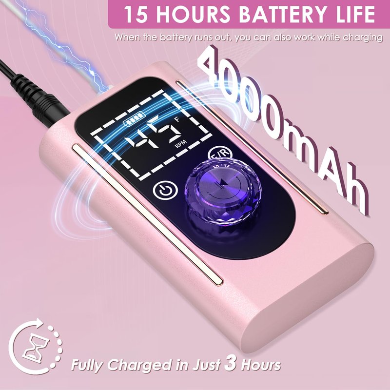 ANBEISTEE Electric Nail Drill 45000 RPM, Professional Rechargeable Nail File Kit, Portable Nail Drill Machine, Acrylic Nail Kit, Touch Screen Control, for Any Manicure, Pedicure, Pink