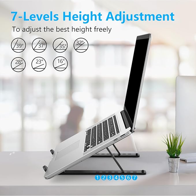 Gogoonike Adjustable Laptop Stand, Portable Laptop Riser for Desk, ABS+Silicone Foldable Ventilated Cooling Notebook Holder Stand for 10-15.6” Laptops, Tablets