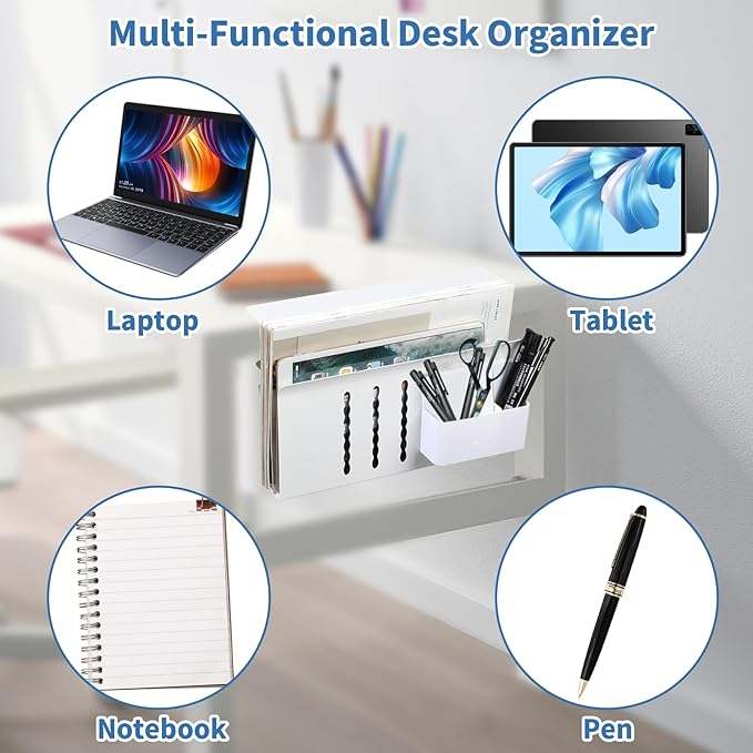 osseph Desk Side Storage Organizer, Under Desk Laptop Holder with Magnetic Pen Holder, No Drill Hanging Desks Caddy for Office & Home, Clamp On Desk Shelf for Tablet, Files, Accessories (White)