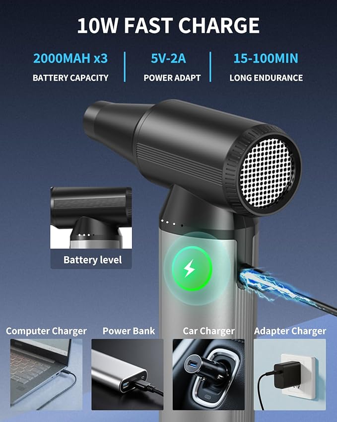 BOBYE Compressed Air Duster, 2-in-1 Blower & Vacuum, 180000RPM Cordless Air Duster with Fast Charging, 3-Gear Adjustable Mini Blower for Keyboard, PC, Car, and Home Cleaning