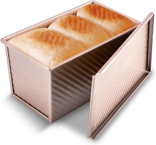 KITESSENSU Pullman Loaf Pan - Non-Stick Carbon Steel Bread Mold with Lid, 1 lb Capacity, Gold