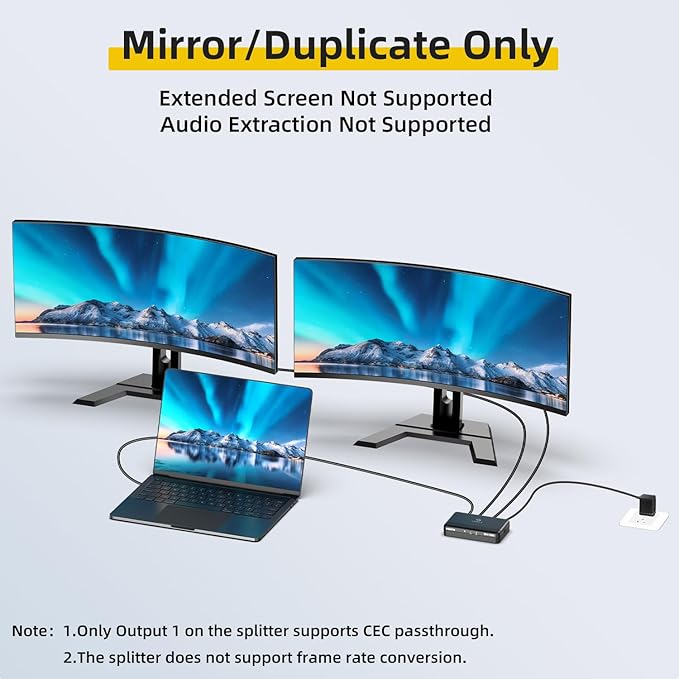 8K HDMI Splitter 1 in 2 Out (Mirror Only) – HDMI 2.1 8K@60Hz, 4K@240Hz DSC, 48Gbps, HDCP 2.3, EDID, Auto Downscaling, Duplicate Screens for Dual Monitors, TV, PS5, Xbox