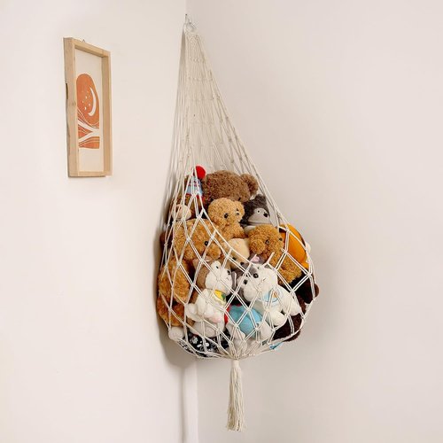 Amdermi Stuffed Animal Storage Hammock - Boho Macrame Toy Organizer for Kids' Rooms | XL Cream