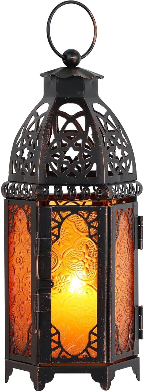 DECORKEY Moroccan Lanterns - Vintage Metal Candle Holder for Indoor & Outdoor Decor | 11’’ Amber