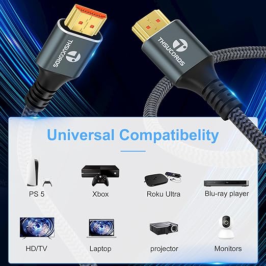 Thsucords 8K 4K HDMI Cable 10FT 2 Pack, High Speed Braided HDMI to HDMI 2.1 Cord Supports 8K@60Hz, 4K@120Hz 144Hz 48Gbps Compatible with Roku TV/PS5/HDTV/Blu-ray