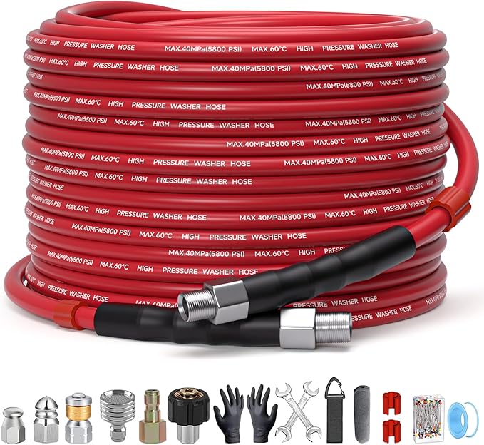 Sewer Jetter Kit for Pressure Washer â 50ft Water Jet Drain Cleaning Hose 5800PSI 1/4 Inch NPT Corner with Sewer Cleaning Tool High Pressure Nozzles and Spanner Waterproof Tape