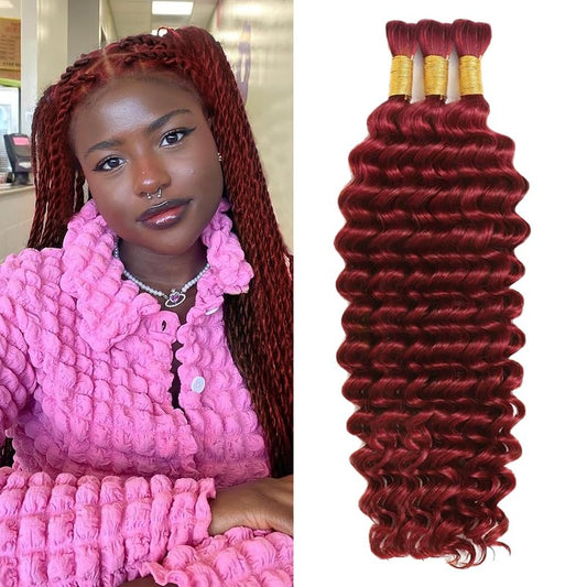 Burgundy Human Braiding Hair for Boho Braids 150g 18 inch Deep Wave Bulk Human Hair for Braiding 3 Bundles Wet and Wavy Bulk Bohemian Curly Bundles