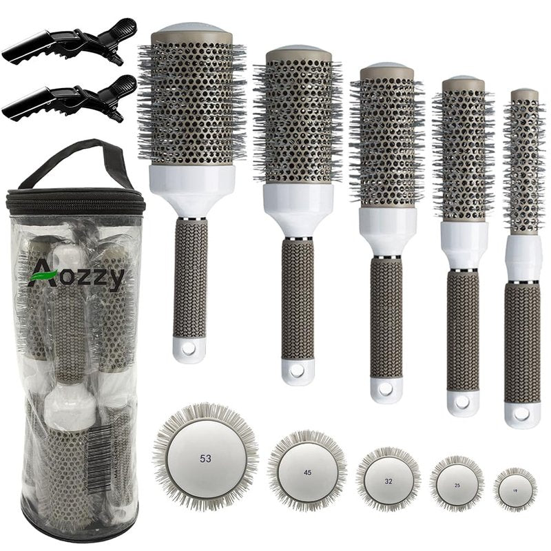 Round Brush Set for Blow Drying Curling, Professional Ceramic Ion Thermal Barrel Brush Leaves Hair Shiny Heat Styling Brush 5 Different Sizes Works Very Well with The Blow Dryer