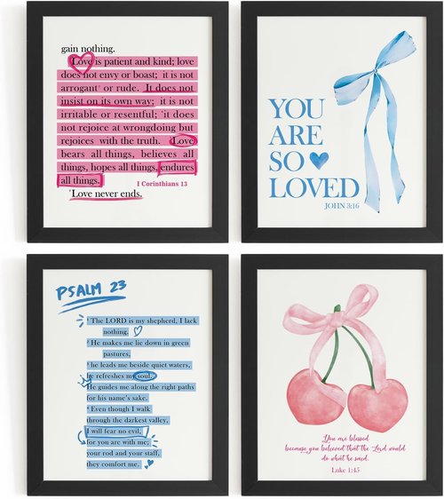 DSHFG Christian Wall Art - Trendy Pink & Blue Cherry Bow Decor | Set of 4 Bible Verse Prints 8x10