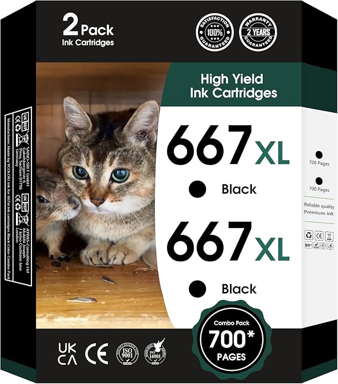 667XL 667 XL 667 Ink Cartridges Replacement for hp 667 Ink cartridges Black Work for Deskjet Ink Advantage 1275 2375 2775, Deskjet Ink Advantage Plus 6075 6475 6476 (2 Black)