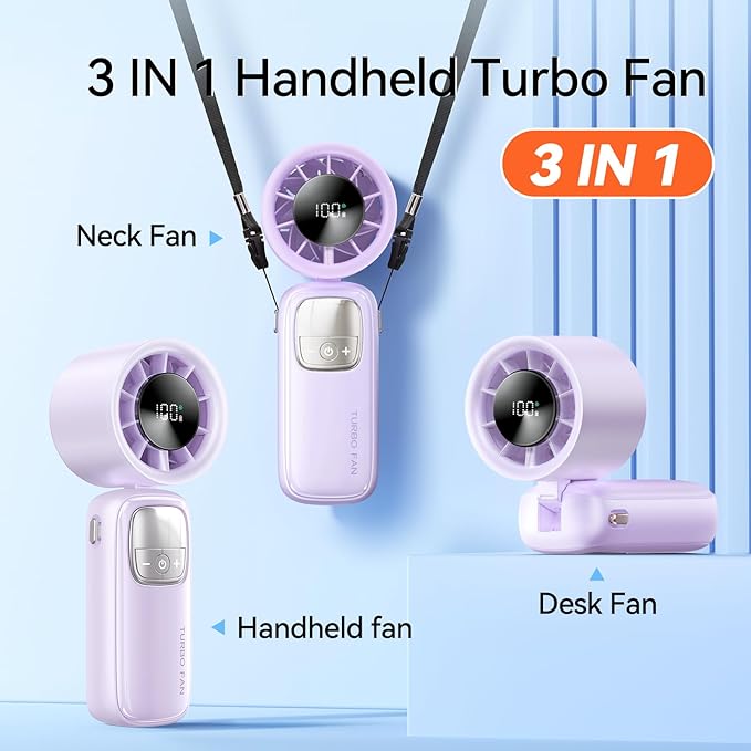 KIMMOO 3-in-1 Portable Handheld Turbo Fan-100 Speeds, 11000 RPM, 10Hrs Cooling, LED Display, 90° Rotation, Small Travel Fan, Mini Foldable Hand Held Personal Fan for Women Men (Purple)