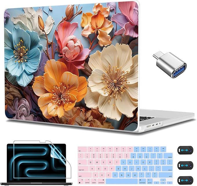 CISSOOK Compatible with MacBook Pro 14 inch Case 2026 2025 2024 2023 2022 2021 Release M5 M4 M3 M2 M1 Chip, Floral Hard Shell Case + Keyboard Cover Screen Protecor, Silk Flowers