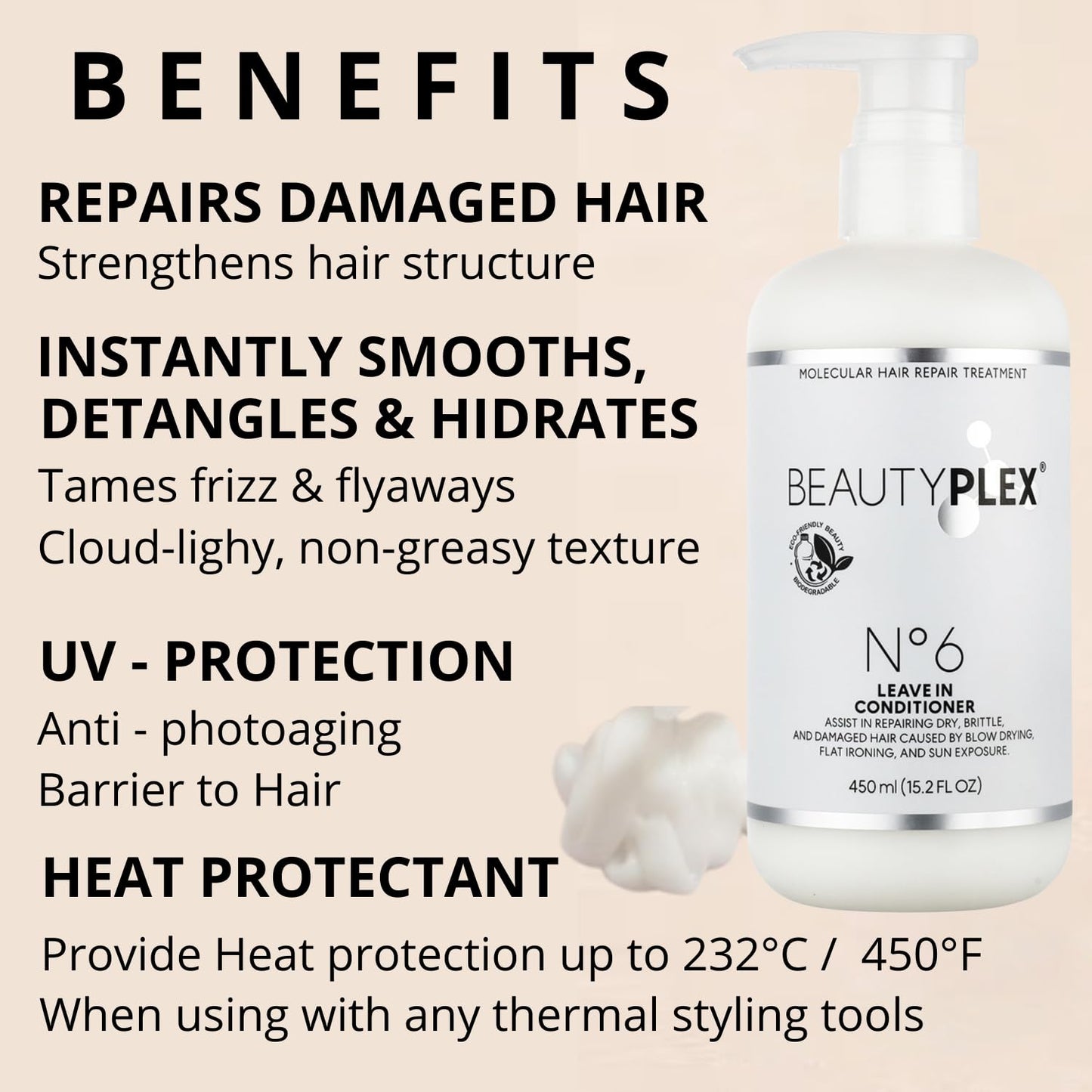 BEAUTY PLEX Leave in conditioner Professional Bond Repair Heat Protectant for Hair - Strengthens, Nourishes, Moisturizes & Repairs Hair Structure Softness Frizz Control. 450ml (15.2 oz)