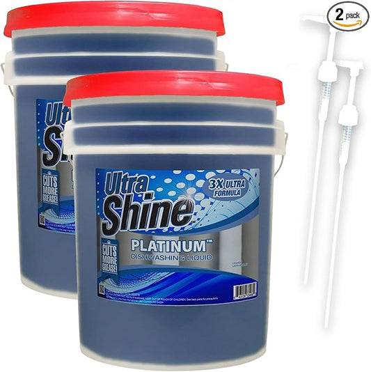 Ultra Shine 2 Pack 3X Platinum Bulk Dishwashing Liquid, Powerful Grease Remover, 5-Gallon - Concentrated Dish Cleaner Soap for Commercial Kitchens, Restaurants & Home Cleaning, Gentle on Hands & Skin