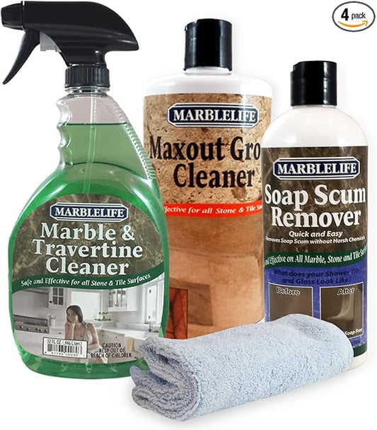 Marblelife Bathroom Combo Kit, With Marble & Travertine Cleaner, MaxOut Deep Grout Cleaner for Tile Floors, Soap Scum Remover For Shower & Other Surfaces, Includes A Cleaning Cloth