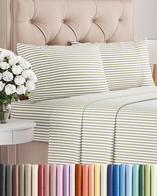 Cal King Size Sheet Set by Hotel Luxury | 4-Piece Comfy, Breathable & Cooling Bedding - Deep Pockets, Wrinkle-Free, Beige Stripes