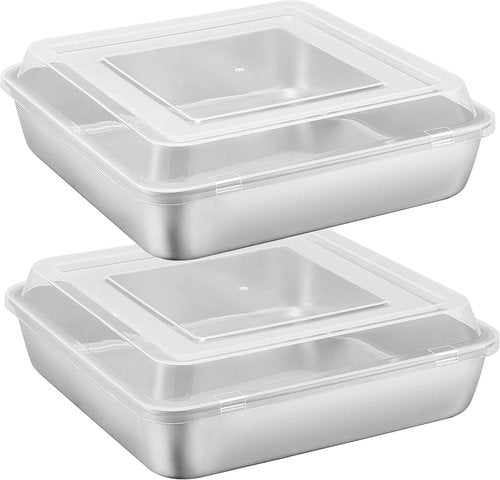 E-far 9 Inch Square Cake Pan Set - Non-Toxic Stainless Steel Bakeware with Lids | Easy Clean & Dishwasher Safe, 4 Pieces