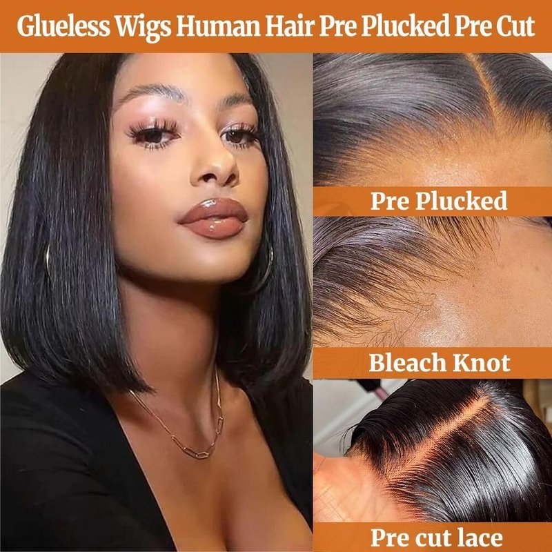 GUDOZO Bob Wig Human Hair 10 inch Glueless Wigs Human Hair Pre Plucked Pre Cut 4x4 HD Lace Front Glueless Wigs Human Hair 180% Density Short Straight Bob Wigs for Black Women