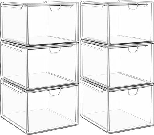 Caktraie 6-Pack Small Stackable Storage Drawers - Acrylic Bathroom Makeup Organizer | Versatile Plastic Bins for Home Organization